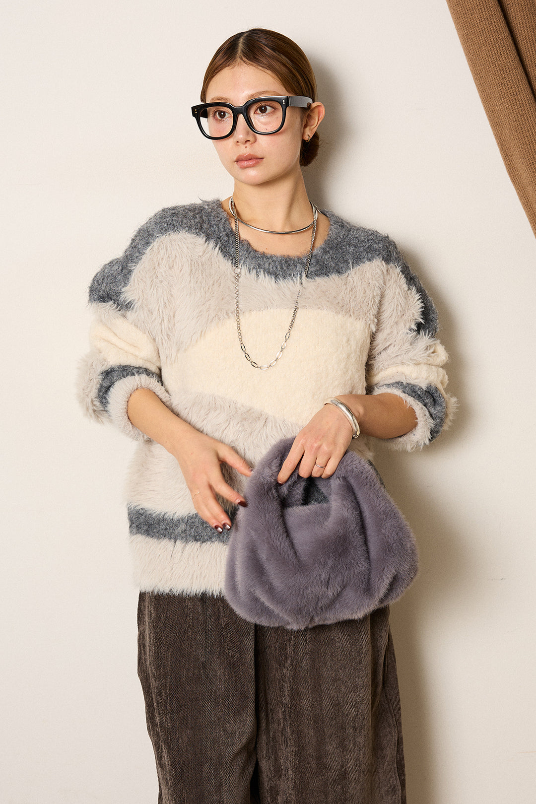 [SET]シャギーウェーブ柄クルーネックニットトップス+かすれデザインワイドパンツ(2set)