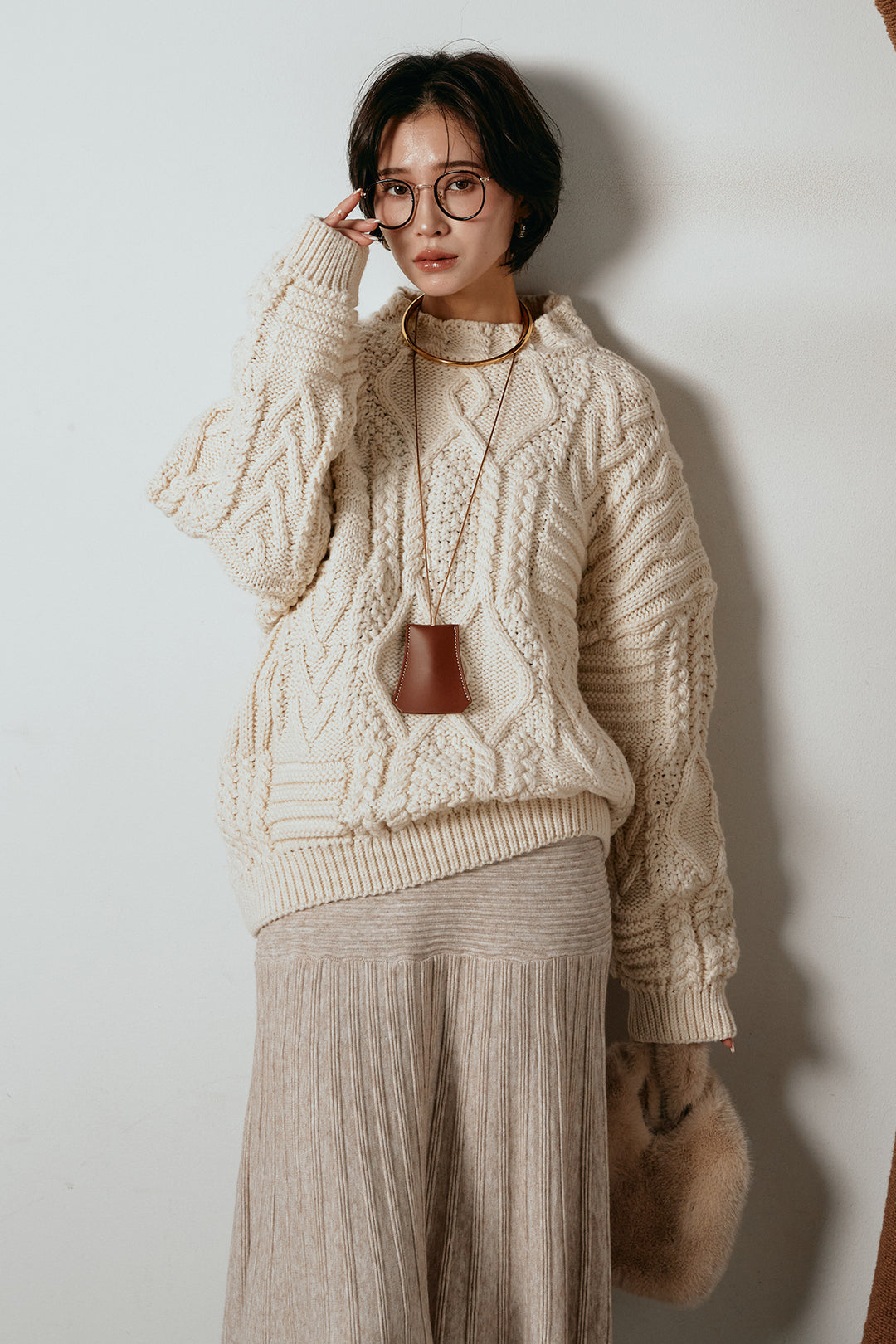 [SET]アラン柄ミックスケーブルニット+編み地切り替えフレアニットスカート(2set)