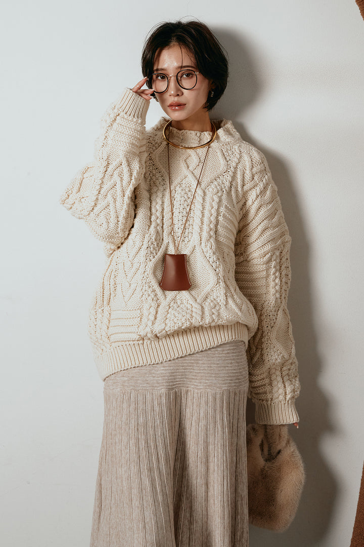 [SET]アラン柄ミックスケーブルニット+編み地切り替えフレアニットスカート(2set)