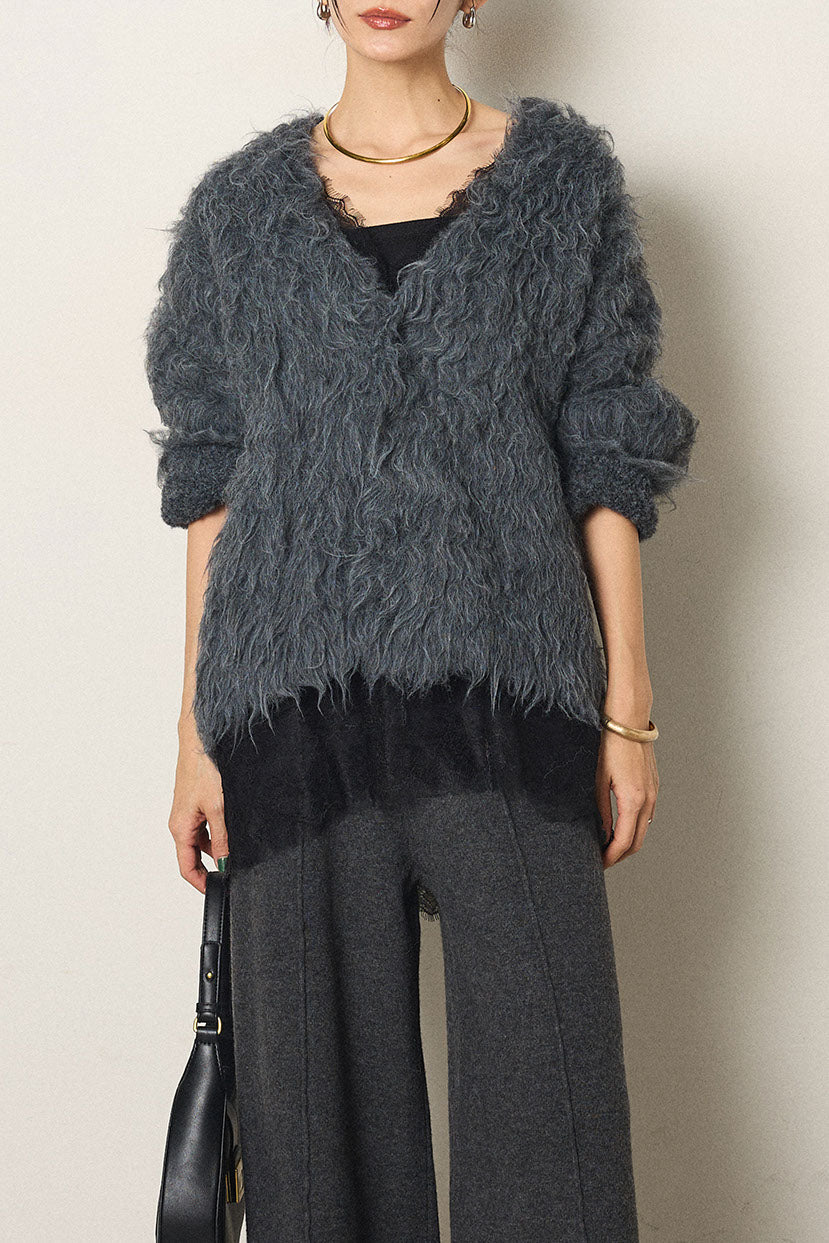 [SET]起毛シャギーニットカーディガン+レース切り替えキャミソール(2set)