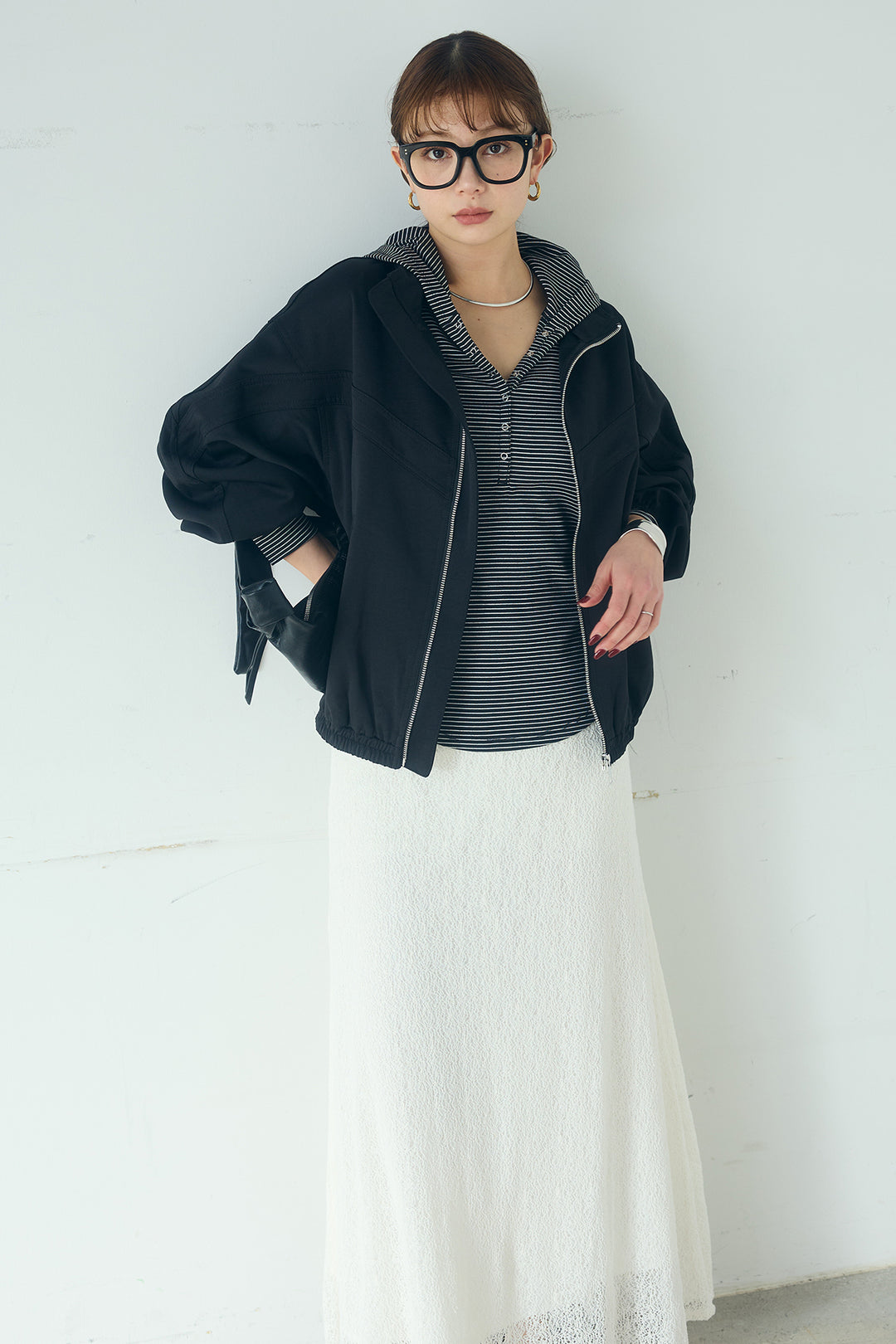 [SET]マルチ切り替えドルマンブルゾン+メッシュ刺繍ロングスカート+ボーダーフーディーロンT(3set)