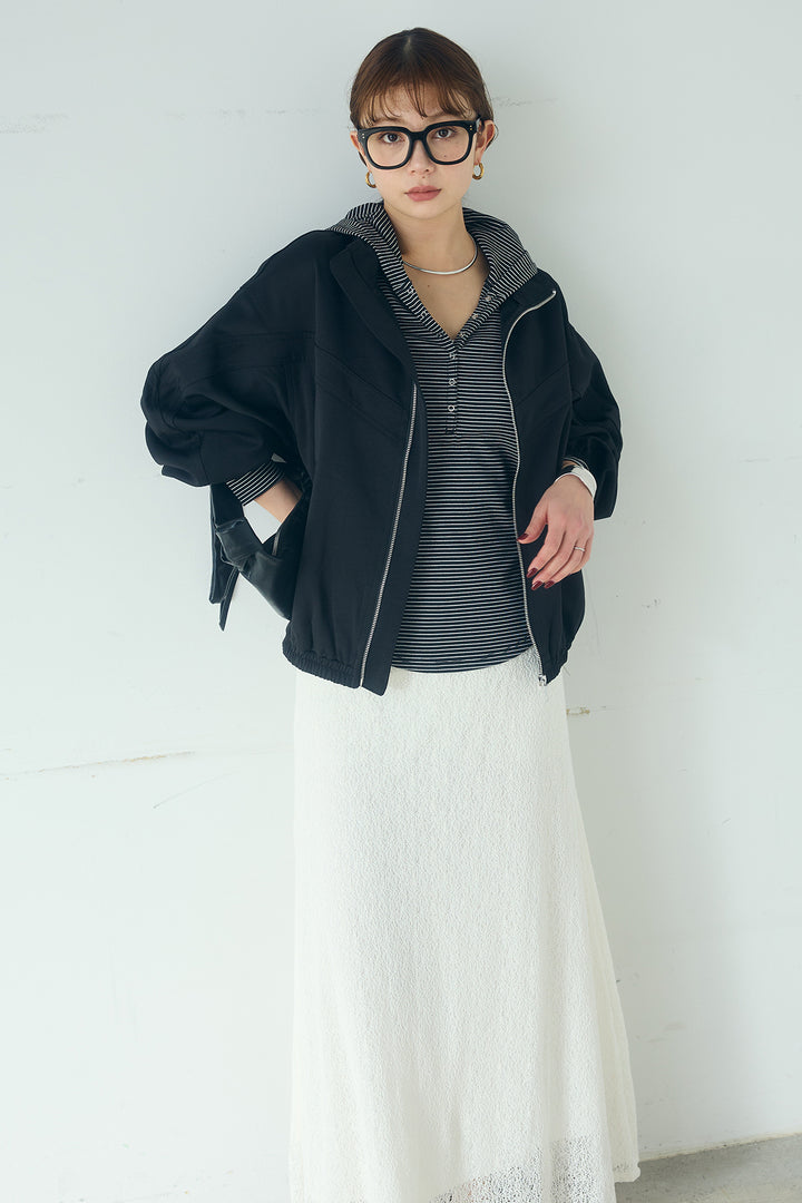 [SET]マルチ切り替えドルマンブルゾン+メッシュ刺繍ロングスカート+ボーダーフーディーロンT(3set)