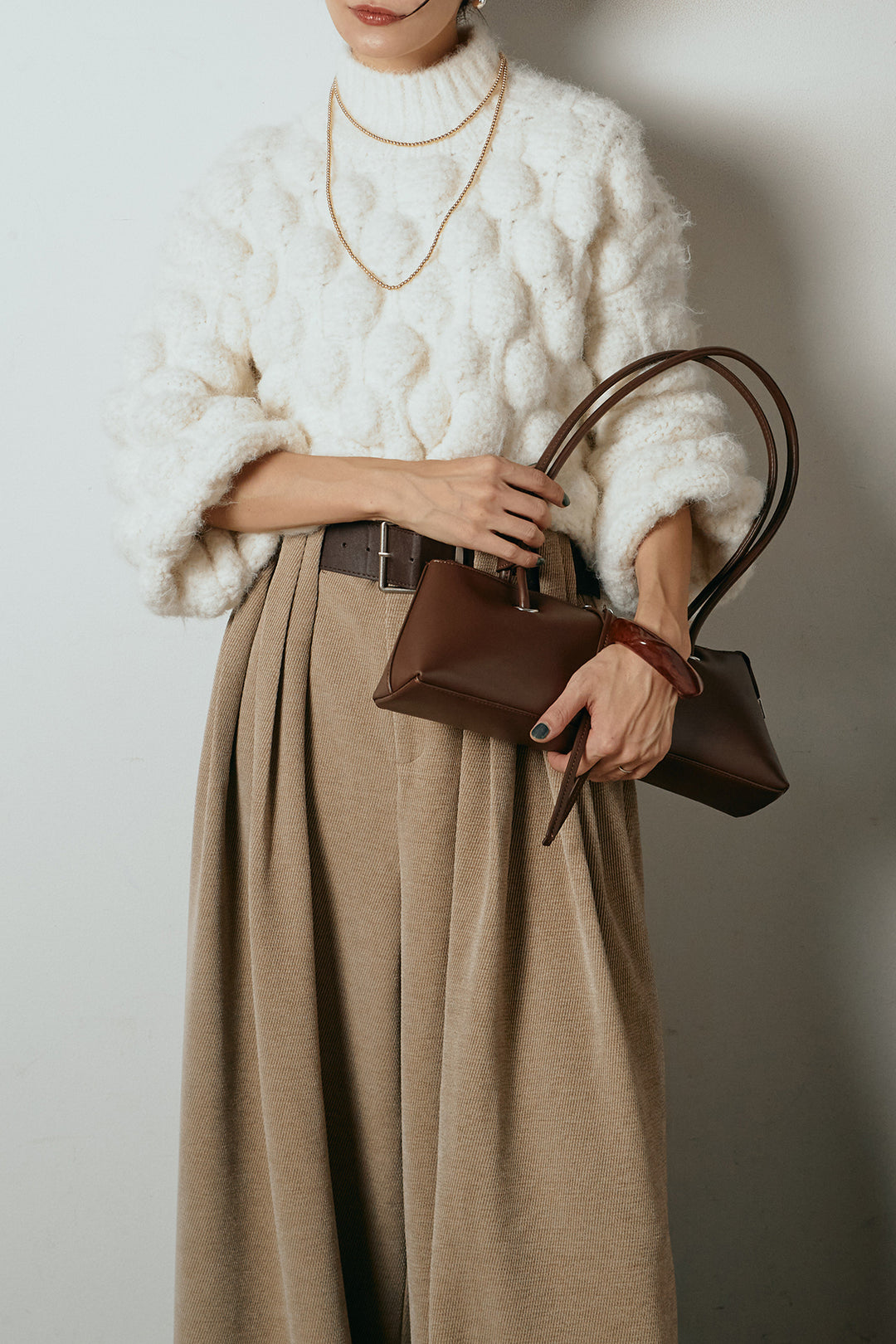 [SET]ボリュームポップコーンニットトップス+ベルトループコーデュロイワイドパンツ(2set)