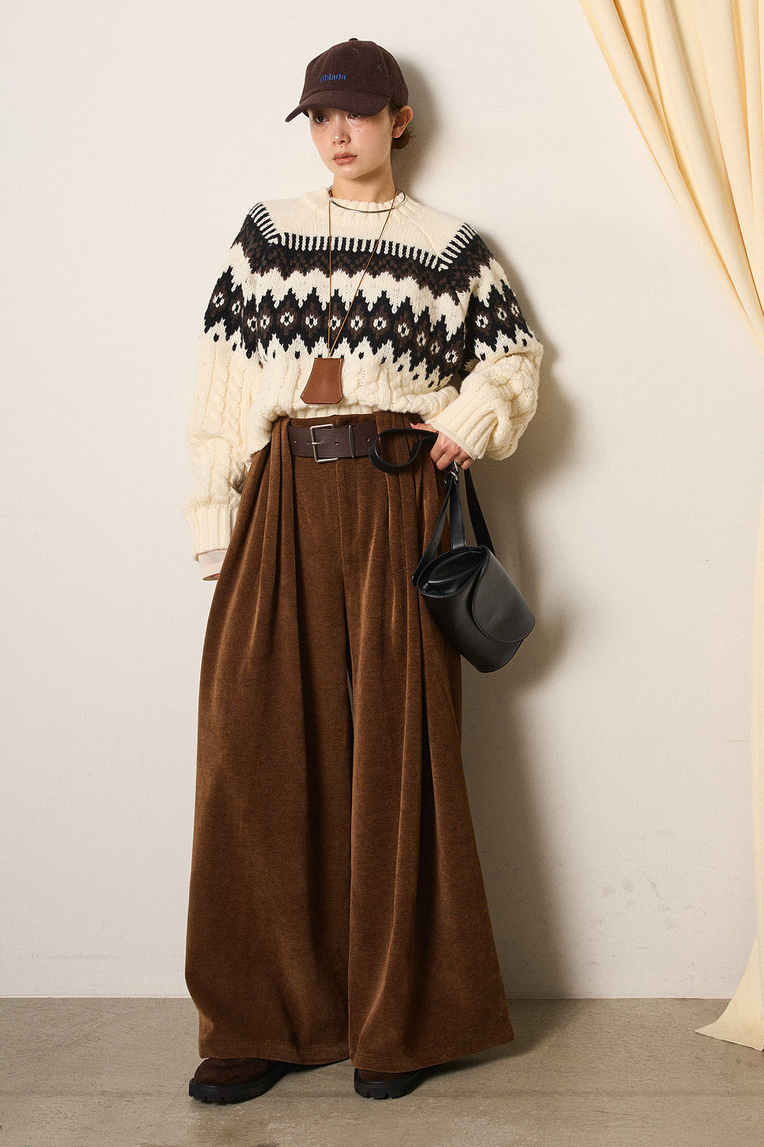 [SET]2WAY求心柄ジャガードショートカーディガン+ベルトループコーデュロイワイドパンツ(2set)