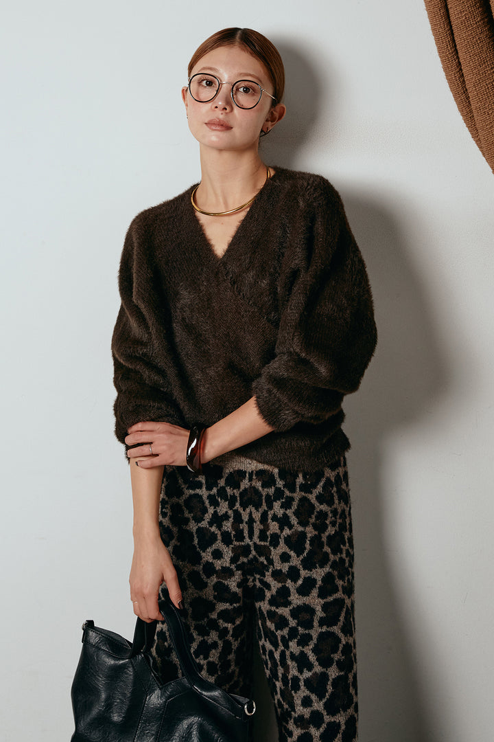 [SET]シャギーカシュクールニットトップス+リラックスレオパード柄ニットパンツ(2set)