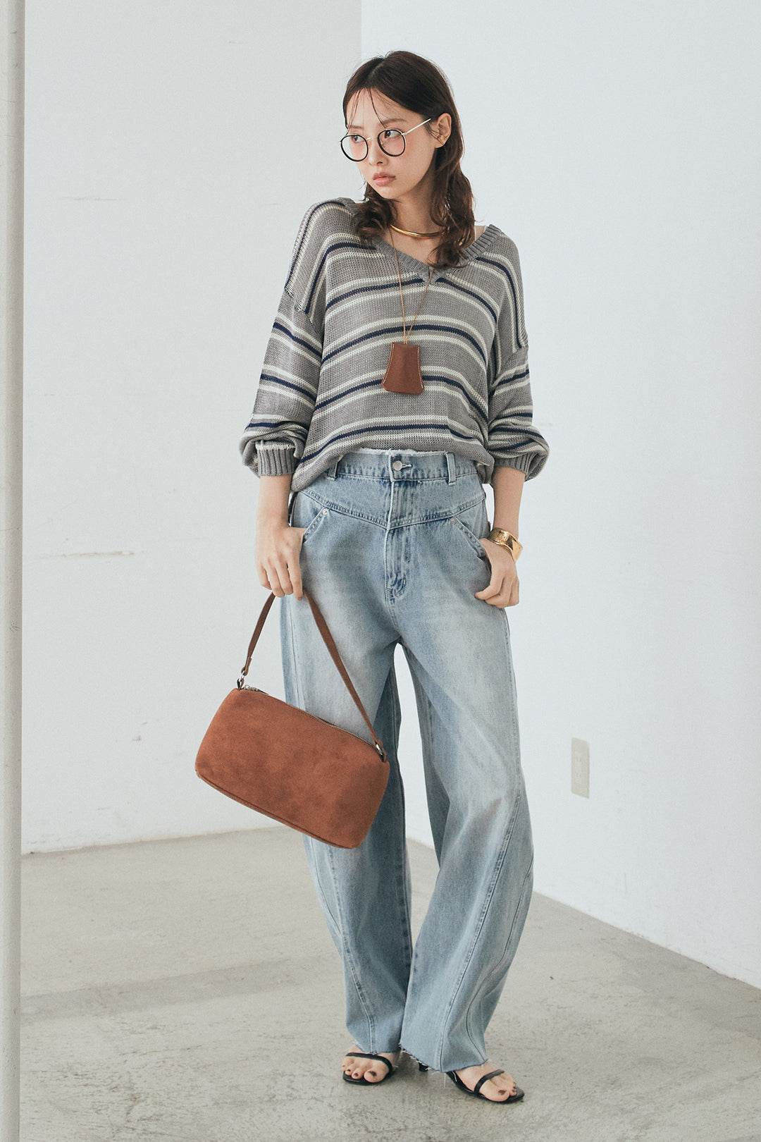 [SET]綿タッチVネックボーダートップス+デニムヨークパンツ(2set)