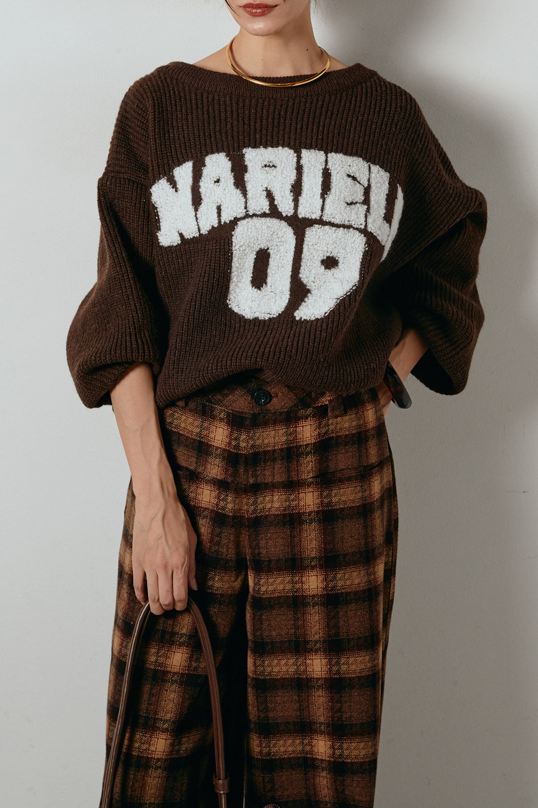 [SET]ロゴジャガードニットトップス+ルーズタータンチェックワイドパンツ(2set)