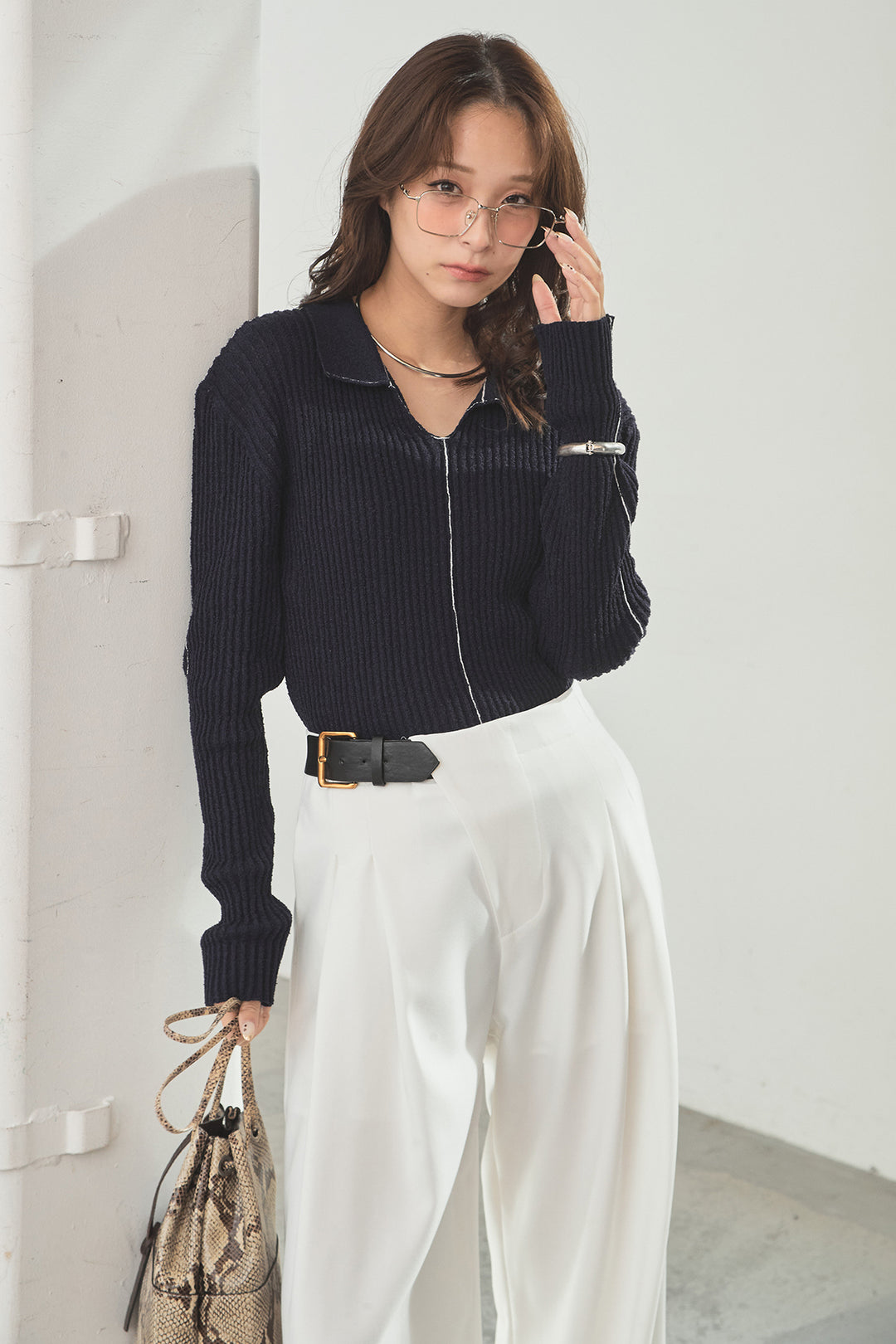 [SET]衿付きニットプルオーバー+サイドベルトタック入りスラックス(2set)