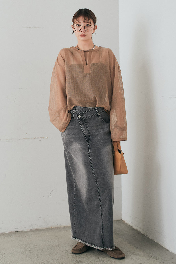 [SET]メッシュカットソースキッパープルオーバー+ウエストクロスデニムタイトスカート(2set)