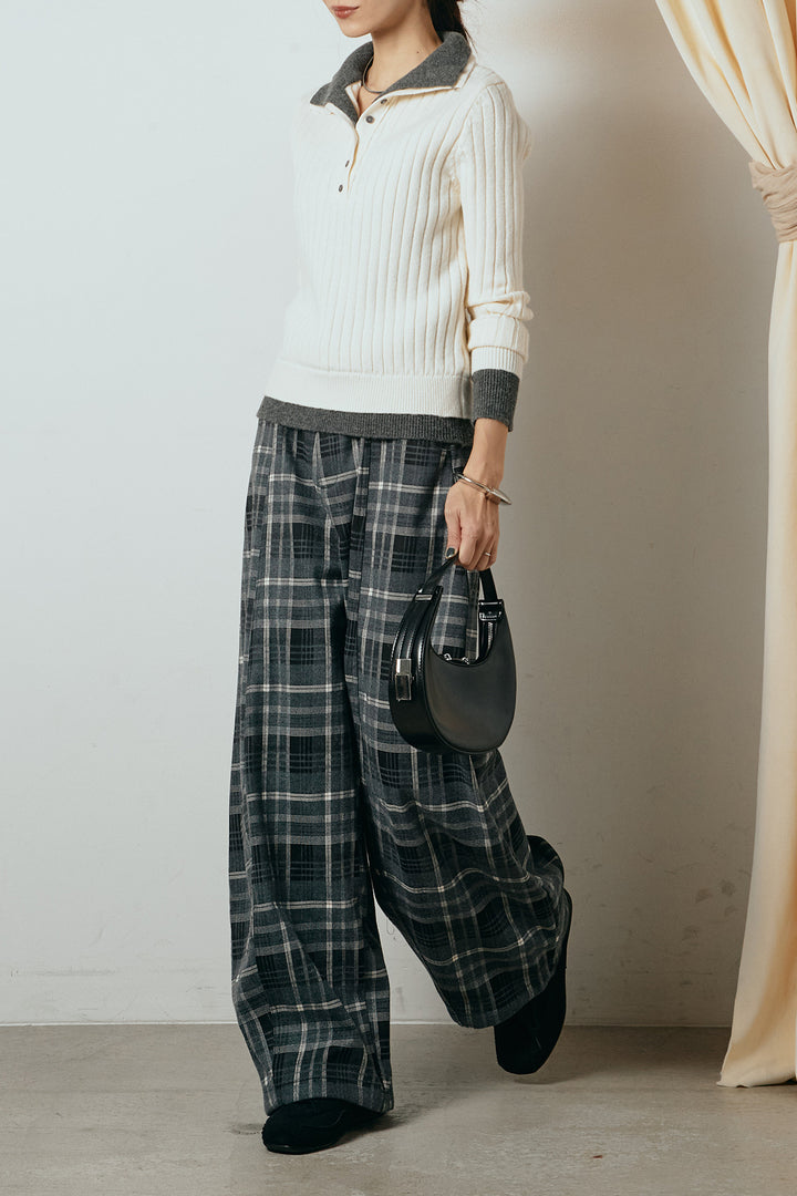 [SET]レイヤード風リブニットトップス+ベルト付きタータンチェックカーブワイドパンツ(2set)