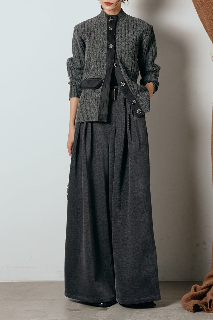 [SET]ボトルネックケーブルニットカーディガン+ベルトループコーデュロイワイドパンツ(2set)