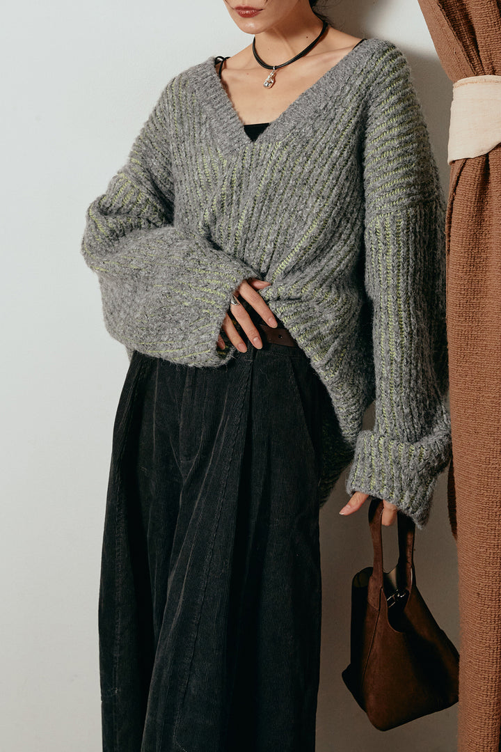 [SET]アルパカタッチ深Vニットトップス+タック入りコーデュロイワイドパンツ(2set)