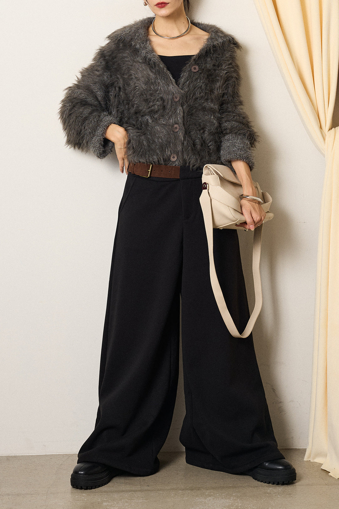 [SET]襟付きシャギーニットカーディガン+サイドベルトパンツ(2set)