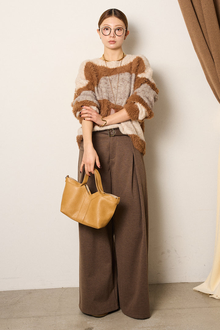 [SET]シャギーウェーブ柄クルーネックニットトップス+細ベルト付き起毛タックワイドパンツ(2set)