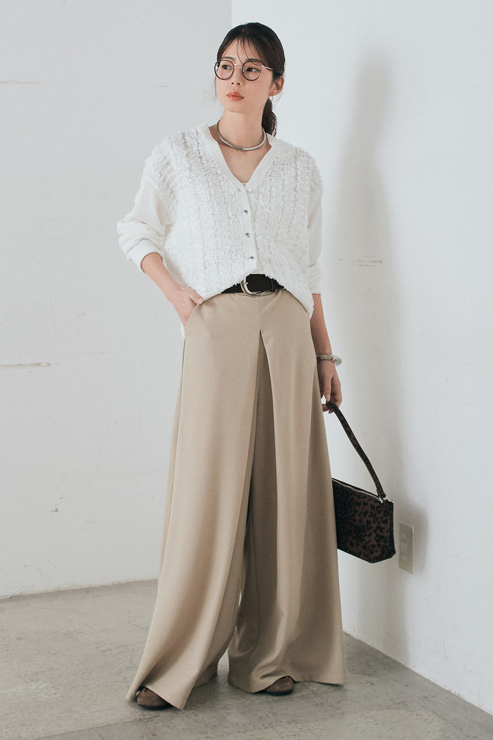 [SET]モコレースVネックカーディガン+太ベルト付きフロントタックパンツ(2set)