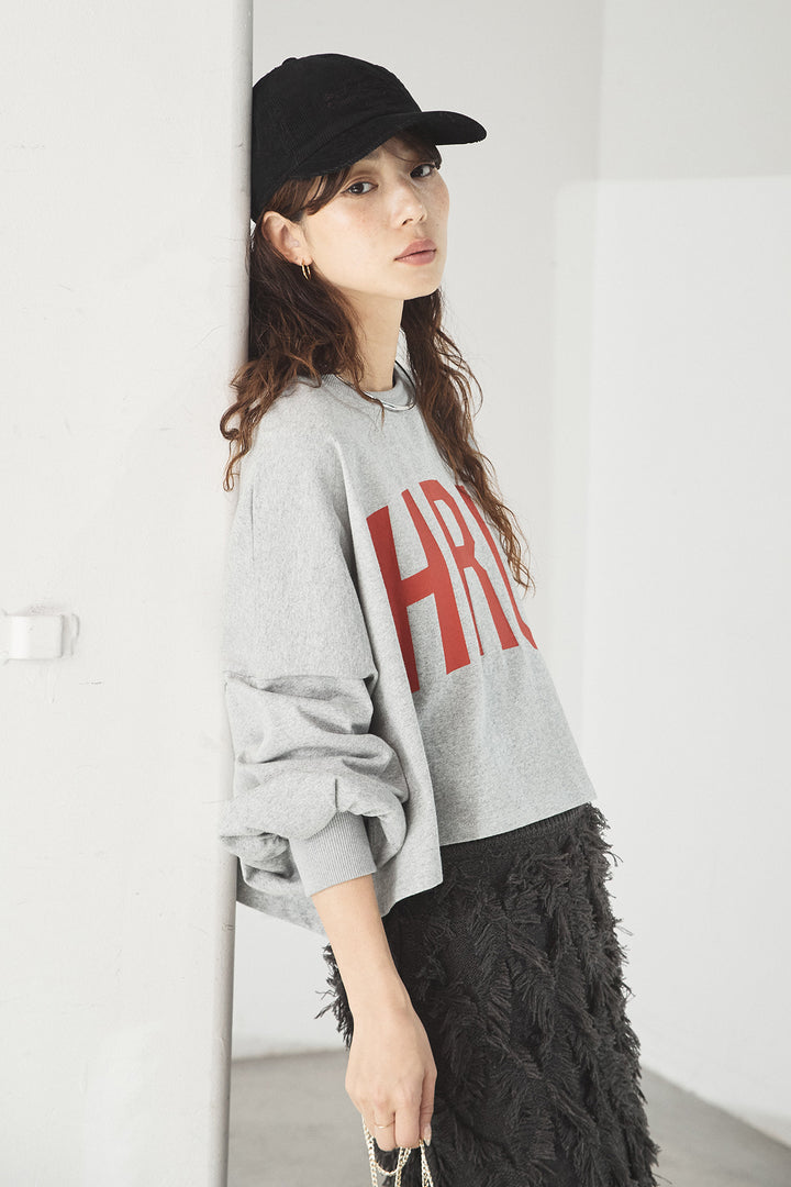 [SET]ビッグロゴHRU袖ボリュームトップス+カットフリンジニットタイトスカート(2set)