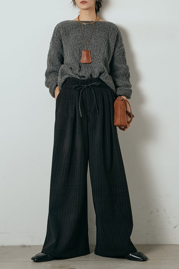 [SET]ボリューム編みニットプルオーバー+編みベルト付きピンストライプワイドパンツ(2set)