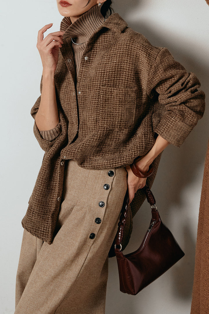 [SET]ルーズクラッシュツイルシャツ+リブニットシームレスタートルプルオーバー+サイドボタンツイードタックパンツ(3set)