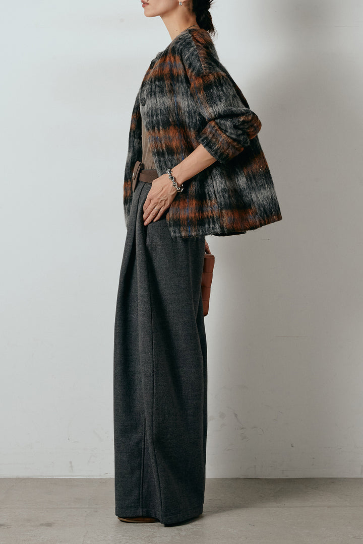 [SET]ノーカラーシャギーチェックアウター+ポーチベルト付きカーブパンツ(2set)