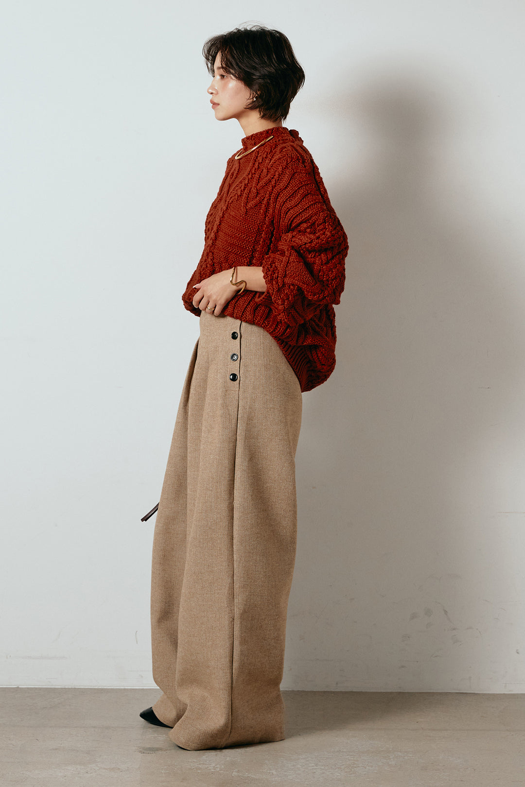 [SET]アラン柄ミックスケーブルニット+サイドボタンツイードタックパンツ(2set)