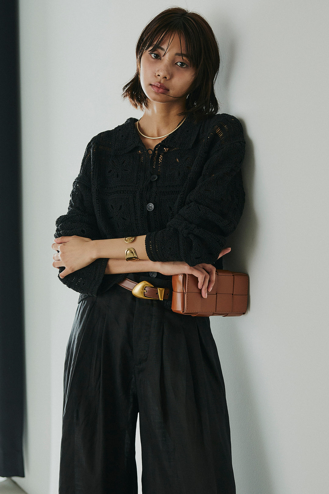 [SET]鍵編みフラワーレースカーディガン+タック入りワイドパンツ(2set)