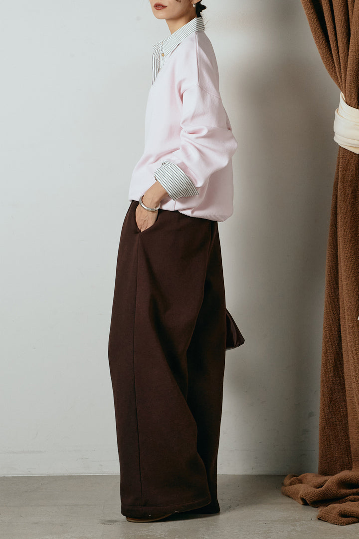 [SET]ストライプシャツドッキングポロトップス+裏起毛スウェットワイドパンツ(2set)