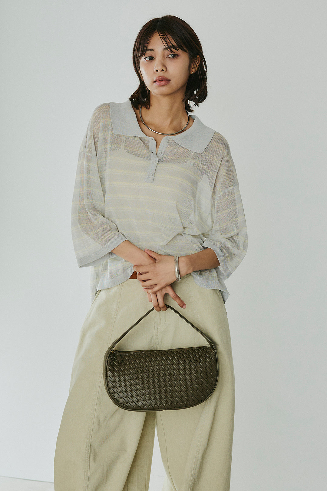 [SET]ボーダーニットポロシャツ+サイドベルトカーブワイドパンツ(2set)