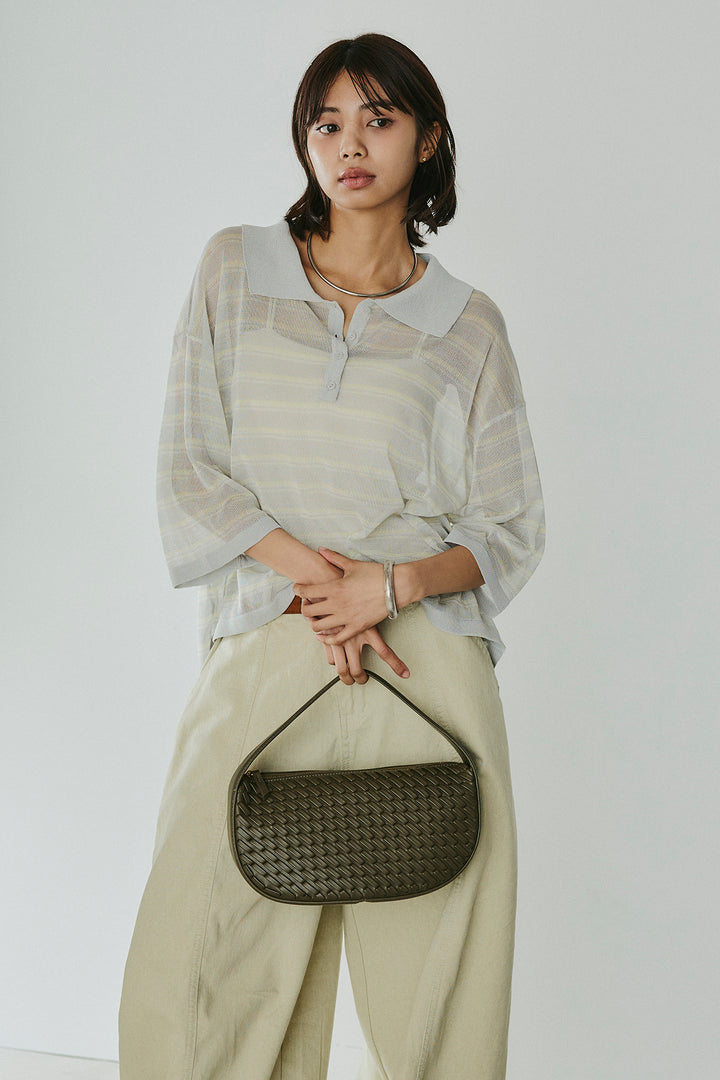 [SET]ボーダーニットポロシャツ+サイドベルトカーブワイドパンツ(2set)