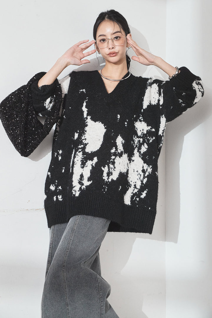 [SET]アブストラクト柄ニットプルオーバー+フロントジップデニムスカート(2set)