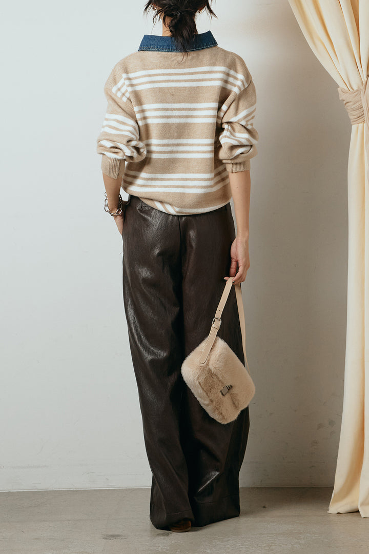 [SET]デニムレイヤード風ランダムボーダーニットプルオーバー+ベルト付きレザーライクタックパンツ(2set)