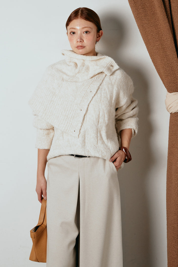 [SET]ケープデザインケーブルニットトップス+ベルト付きフロントタックデザインパンツ(2set)