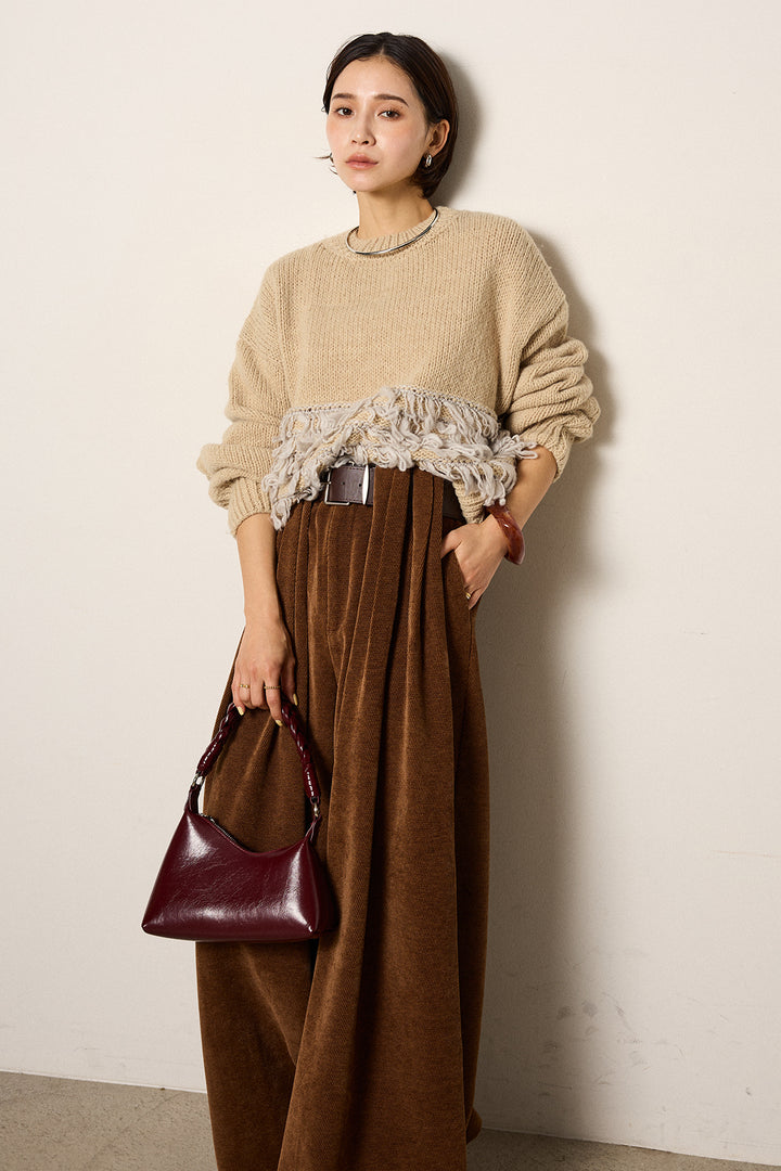 [SET]ループ編み切り替えニットプルオーバー+ベルトループコーデュロイワイドパンツ(2set)