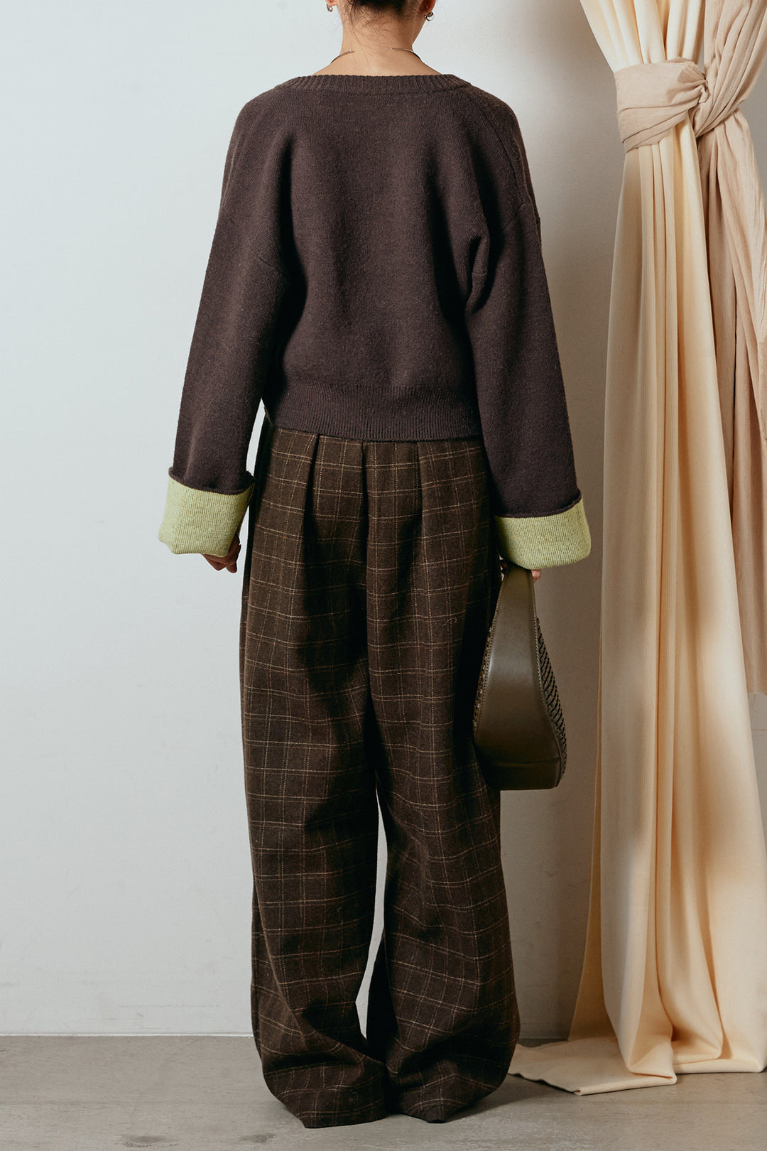 [SET]アルパカタッチダブルフェイスカーディガン+ウールライクチェックタックパンツ(2set)