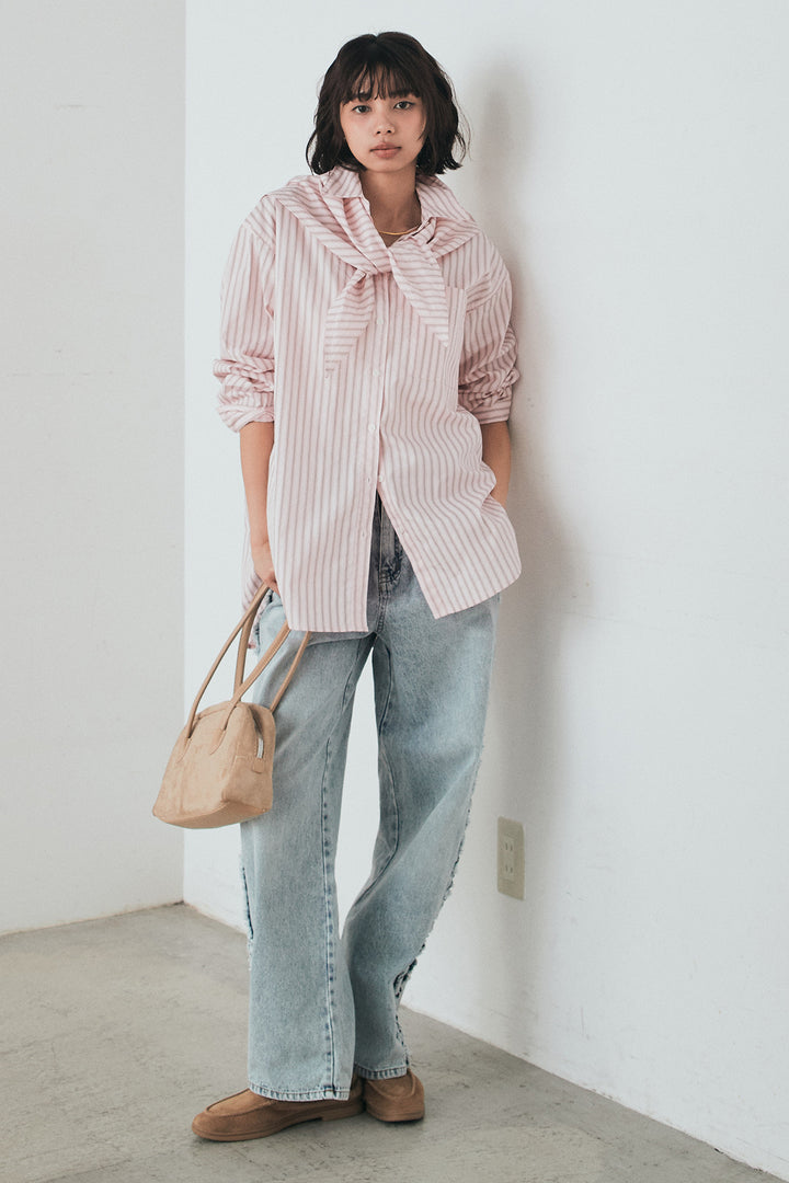 [SET]ランダムストライプスカーフ付きシャツ+デニムサイドフリルパンツ(2set)