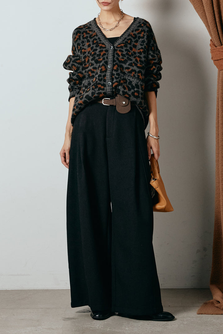 [SET]ステッチデザインレオパードニットカーディガン+ポーチベルト付きカーブパンツ(2set)