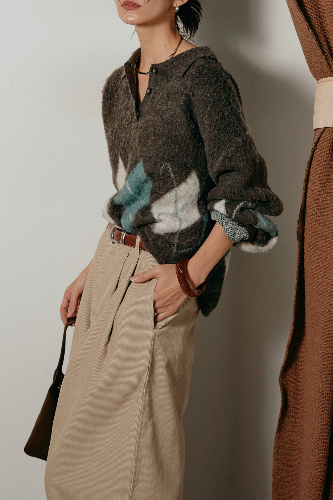 [SET]アーガイル柄ポロニットトップス+フロントタック入りコーデュロイパンツ(2set)