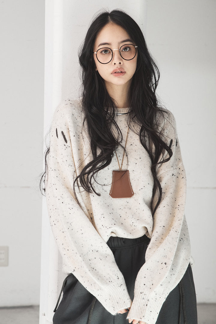 [SET]ネップ編み上げニットトップス+裏起毛スウェットワイドパンツ(2set)