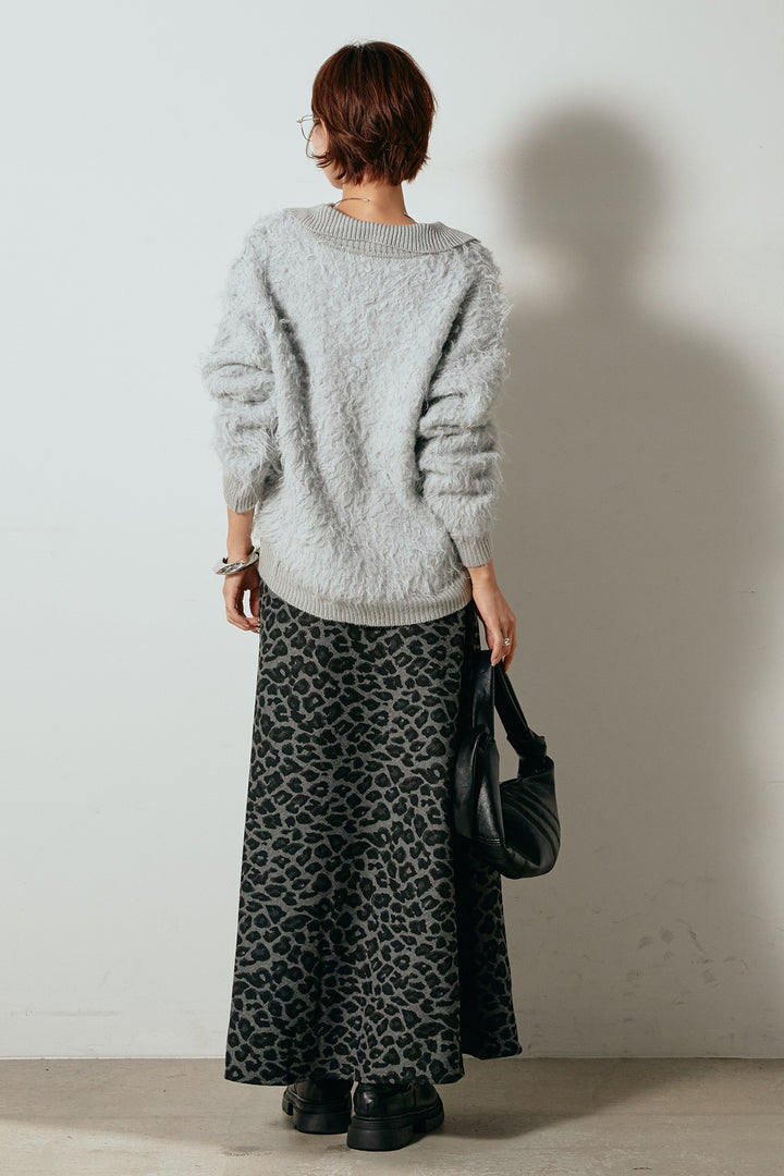 [SET]襟付きシャギーニットポロトップス+レオパードロングスカート(2set)
