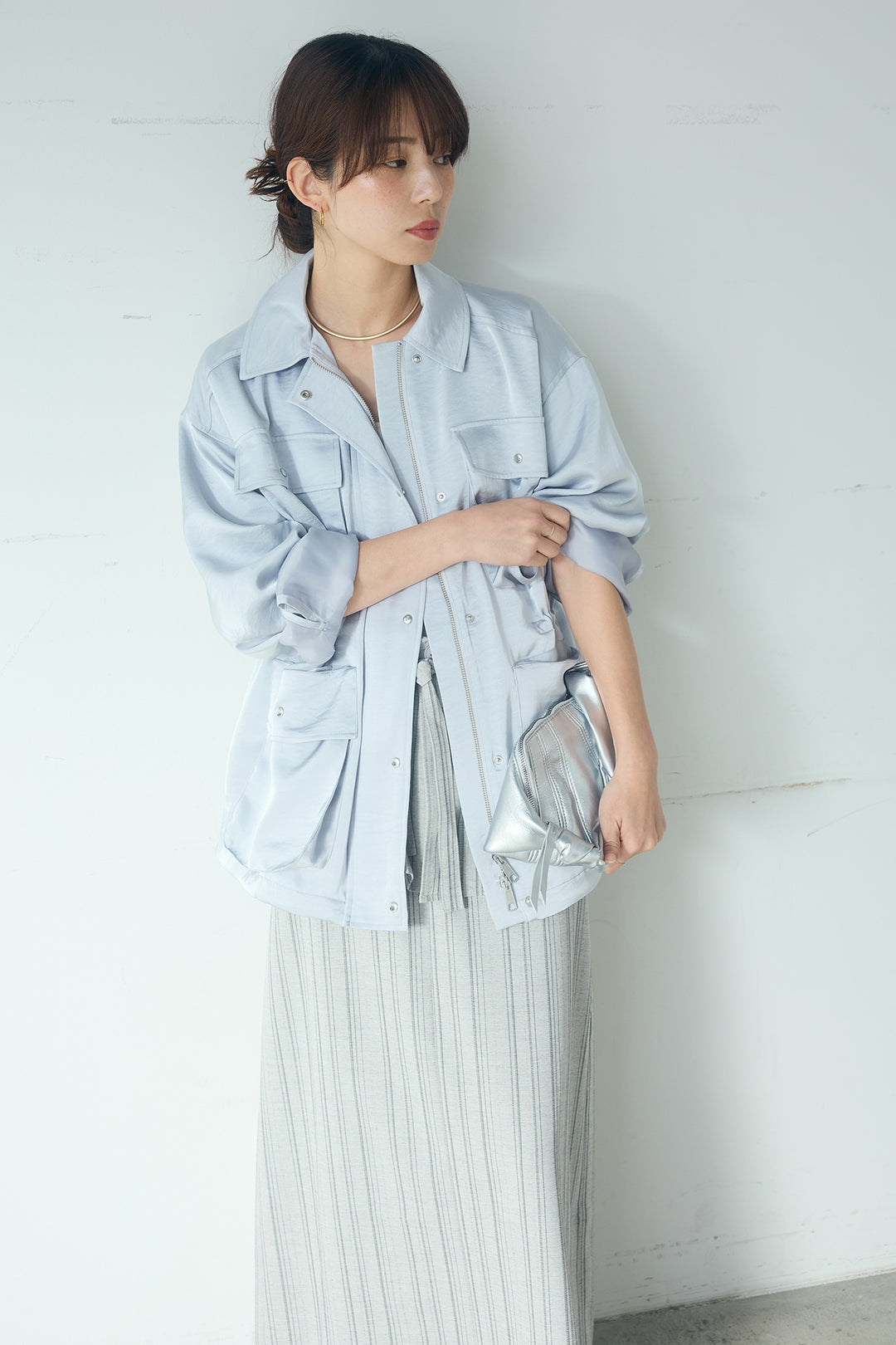 [SET]サテンライトブルゾン+ラップ巻きピンストライプワイドスカート(2set)