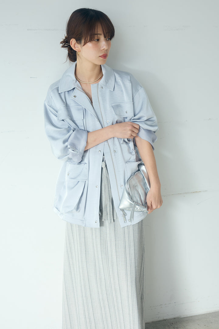 [SET]サテンライトブルゾン+ラップ巻きピンストライプワイドスカート(2set)