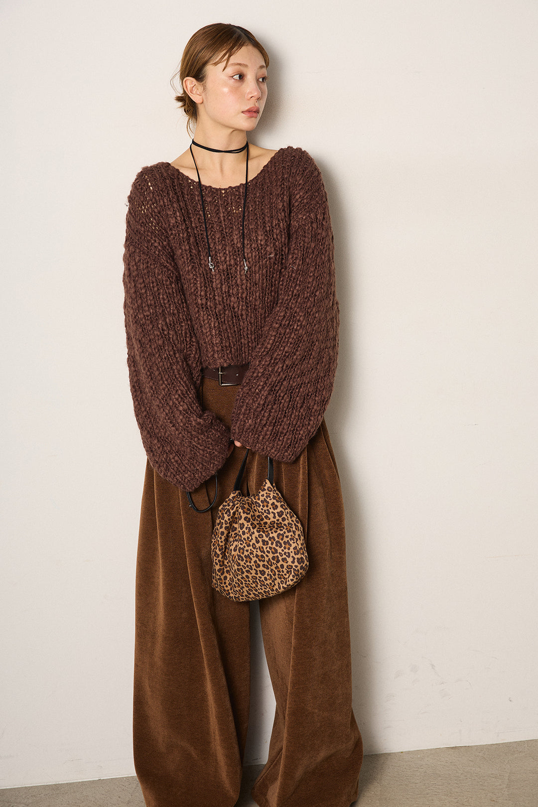 [SET]チャンキースラブニットクロップドプルオーバー+ベルトループコーデュロイワイドパンツ(2set)