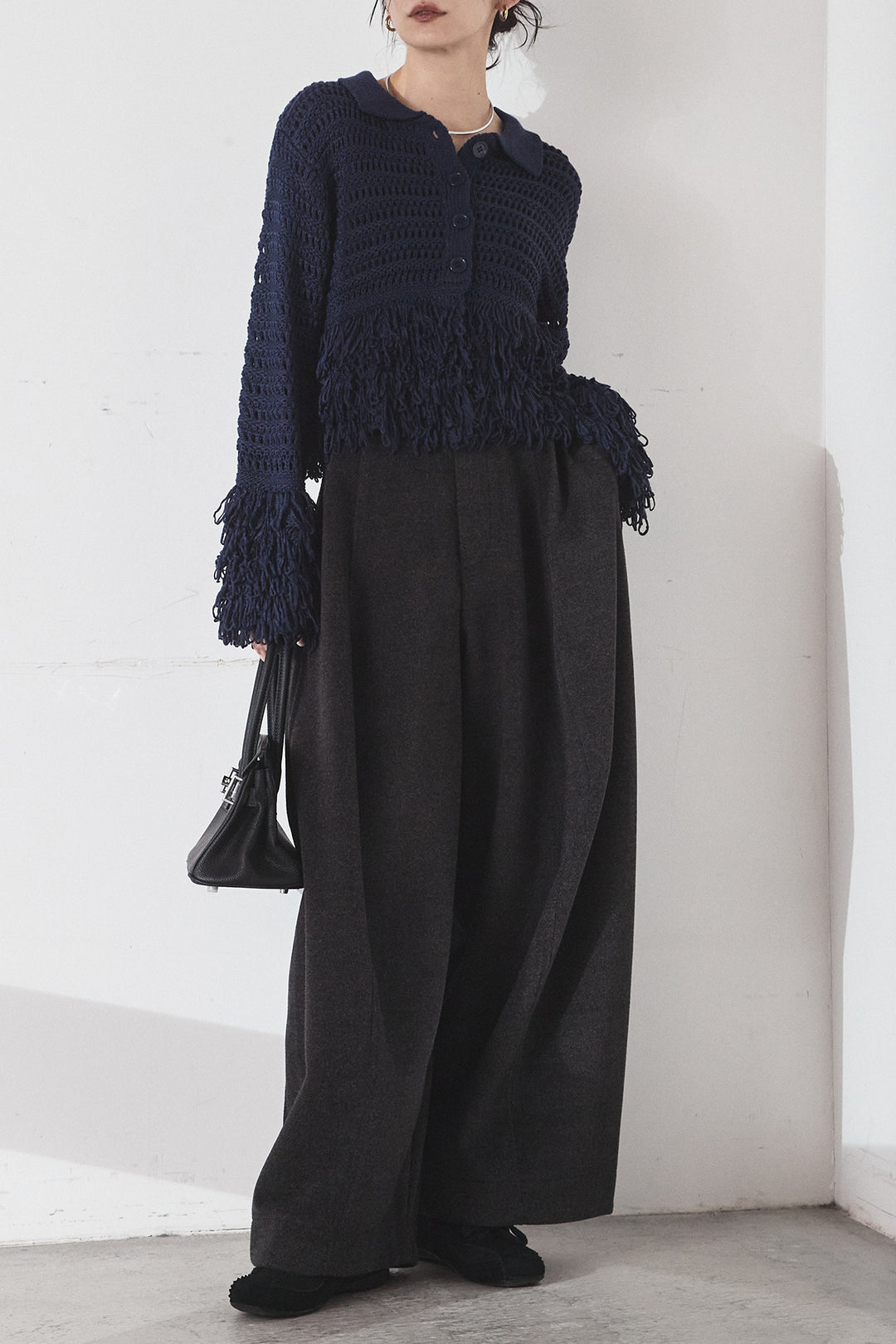 [SET]メッシュフリンジカーディガン+ウールタッチカーブワイドパンツ(2set)