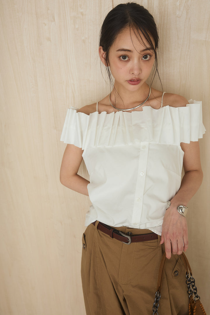 [SET]ランダムタックオフショルブラウス+ウエストベルト付きカーブパンツ(2set)