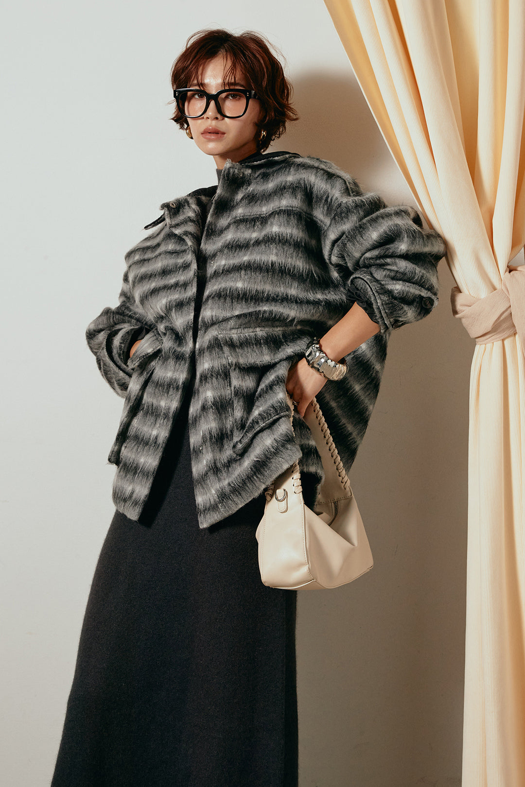 [SET]チェックシャギーミドルカバーオール+ノースリーブニットロングワンピース(2set)