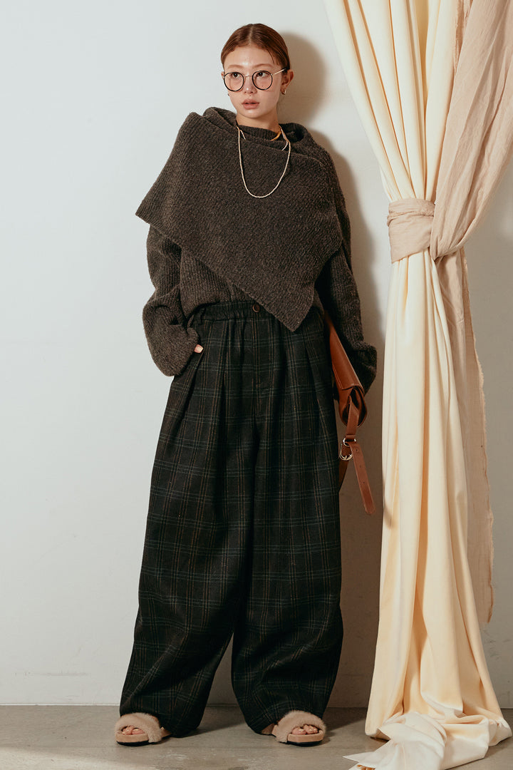 [SET]ケープデザインリブニットトップス+タータンチェック柄タックパンツ(2set)