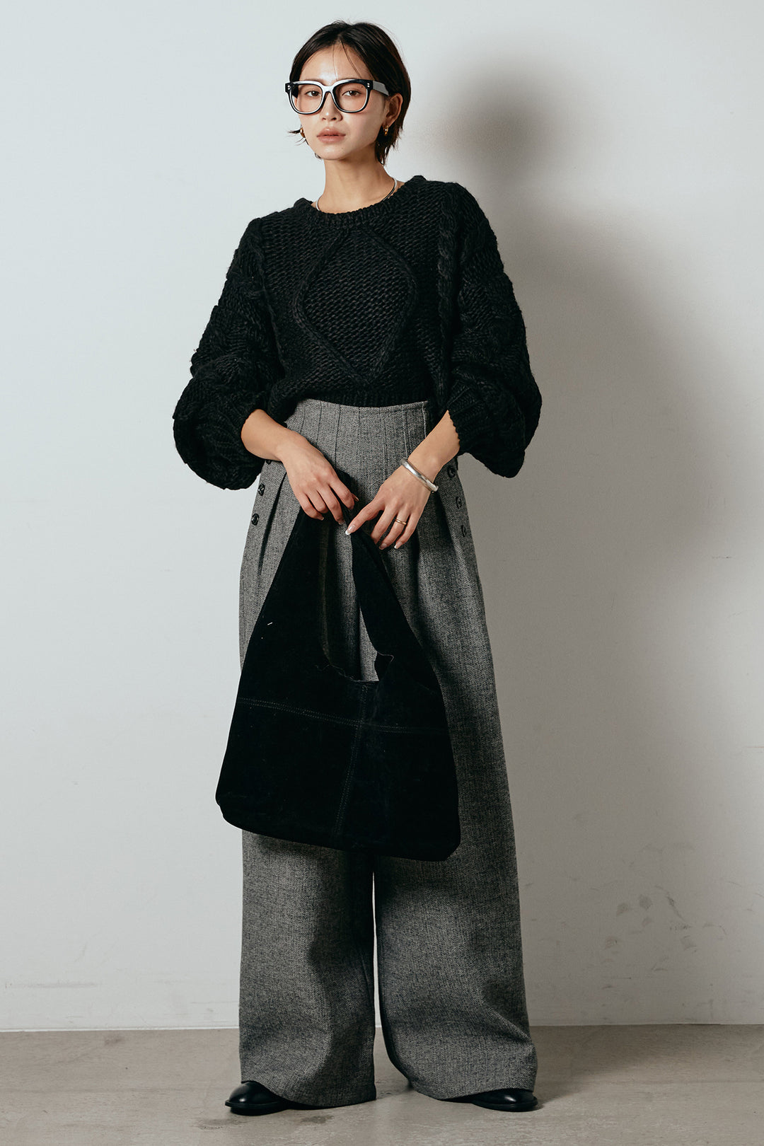[SET]ロービングケーブルショート丈プルオーバー+サイドボタンツイードタックパンツ(2set)
