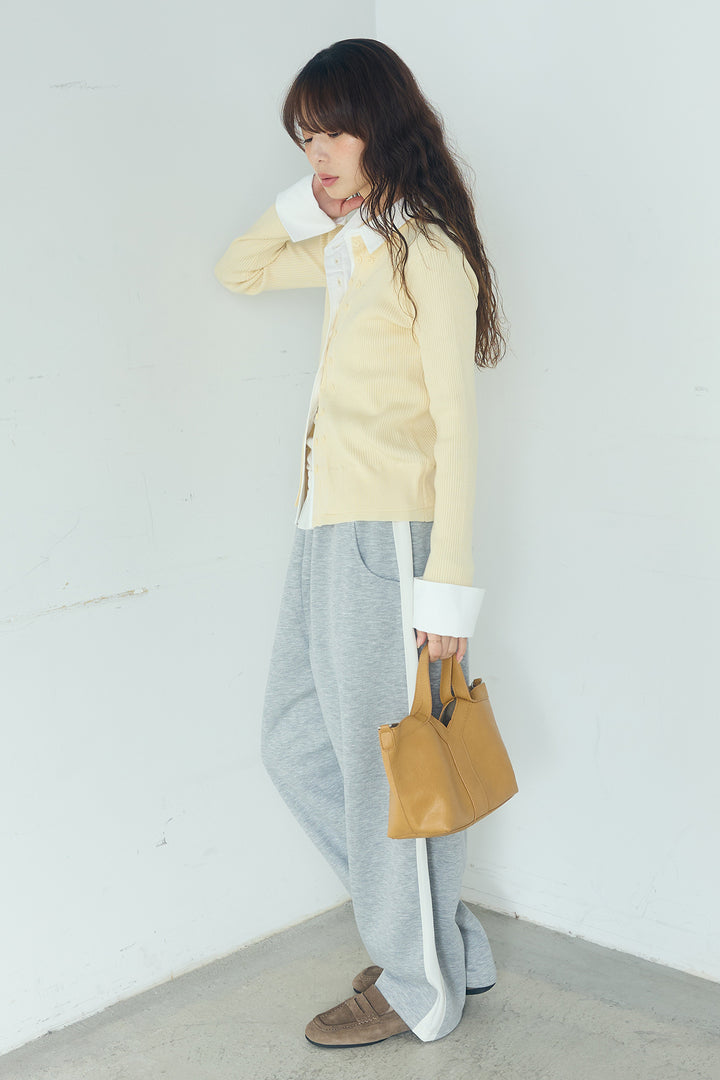[SET]シャツドッキングボタンニットカーディガン+異素材切り替えスウェットパンツ(2set)