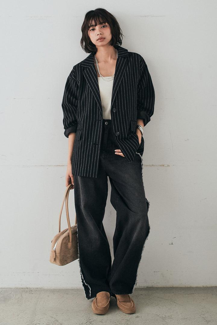 [SET]リネンライクストライプテーラードジャケット+デニムサイドフリルパンツ(2set)