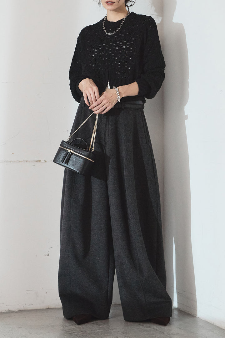 [SET]透かし編みニットジップスリットプルオーバー+ウールタッチカーブワイドパンツ(2set)