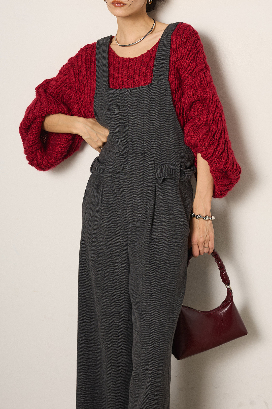 [SET]チャンキースラブニットクロップドプルオーバー+クラシックヘリンボーンサロペット(2set)